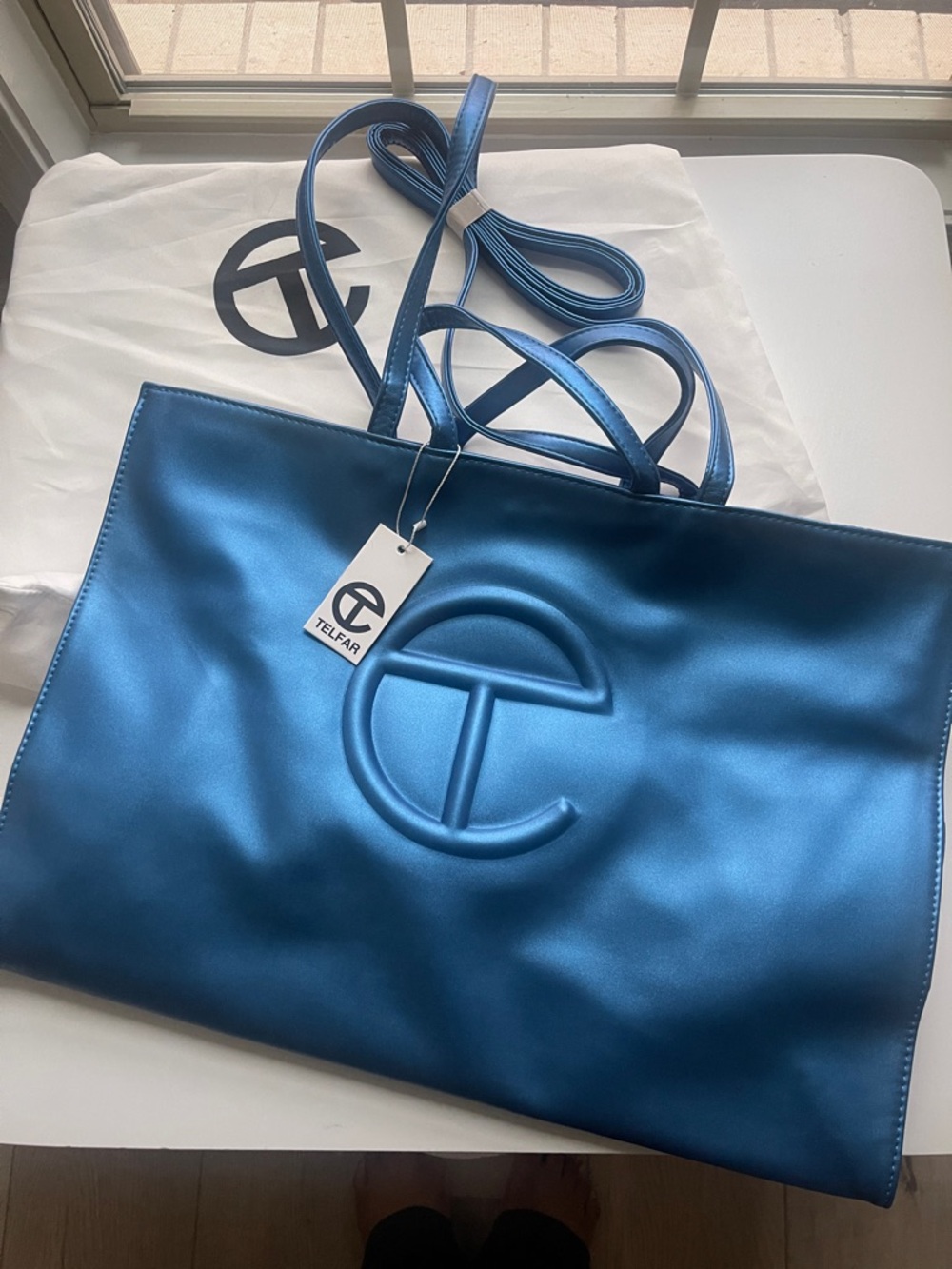 Telfar Metallic Blue Shopping Tote with Embossed Logo